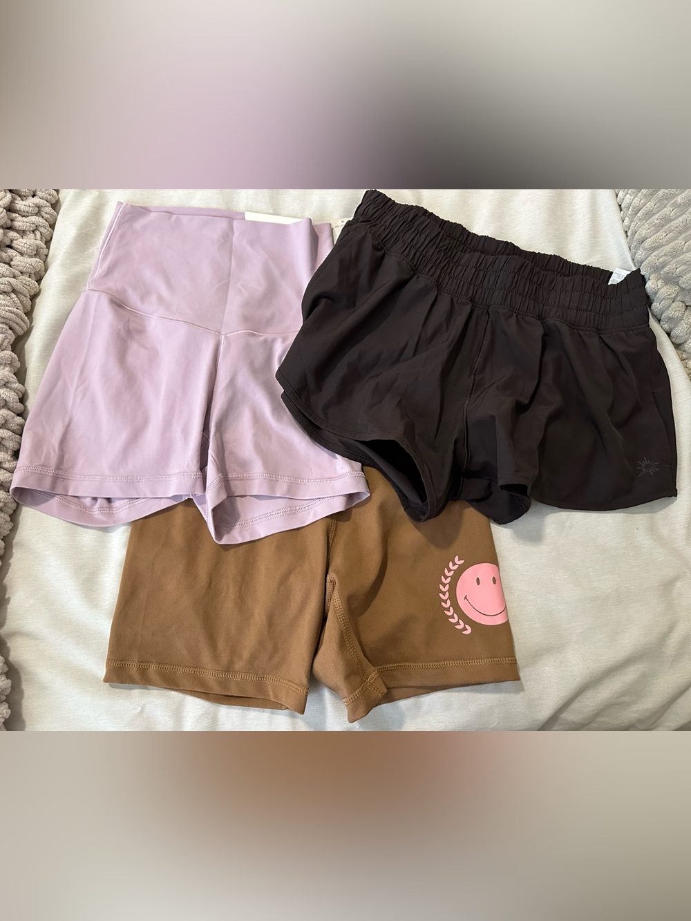 aerie Women's Shorts Trio in Lavender, espresso, and Brown with Pink Graphic XS